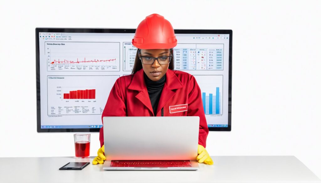 A lady measuring liquid fuel on laptop