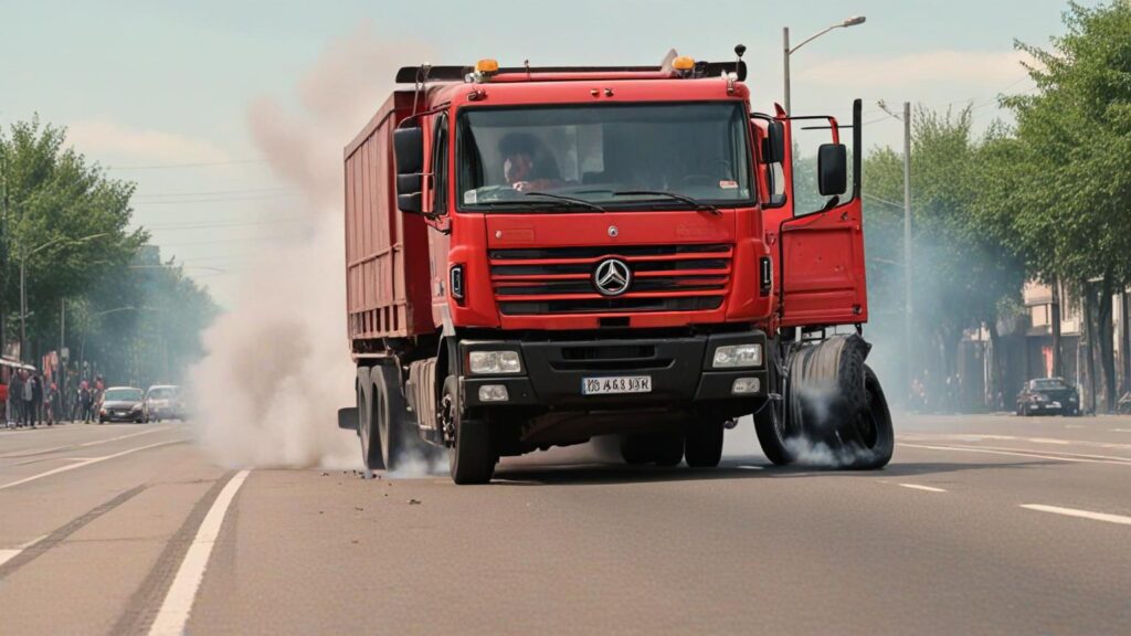 Truck with burst trye due to swerving