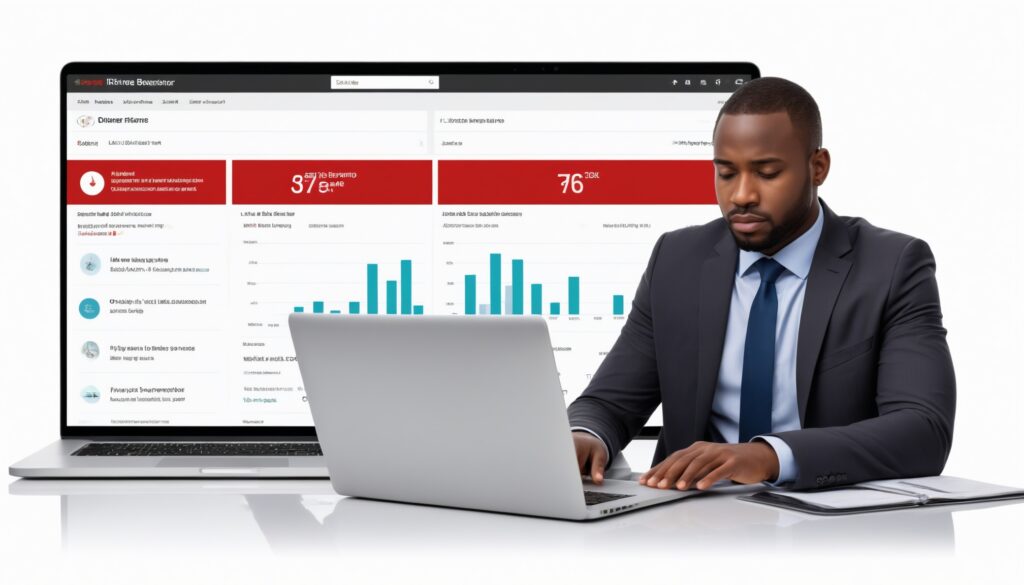 Man looking at stats on a laptop screen