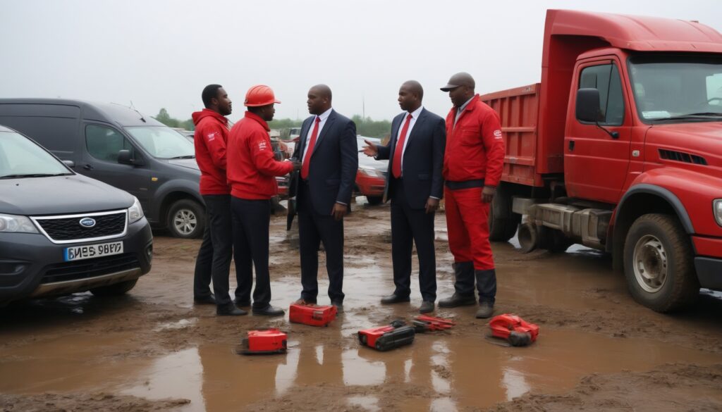 work men looking at old car parts