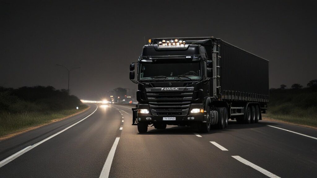A truck swerving on highway at night