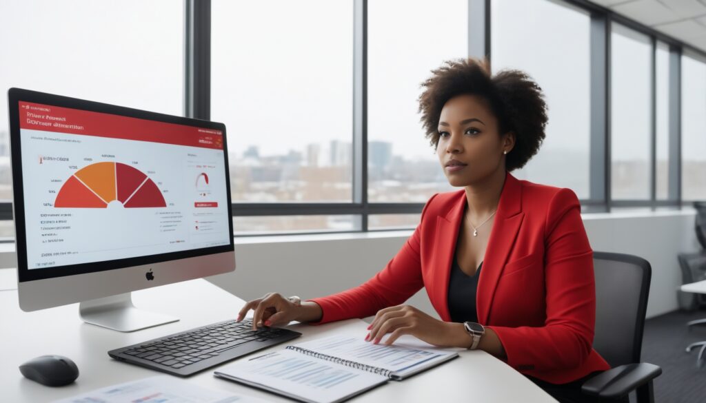lady looking at analytics dashboard on laptop