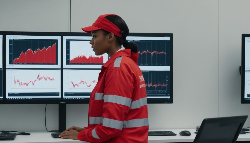 lady in ppe looking at screens