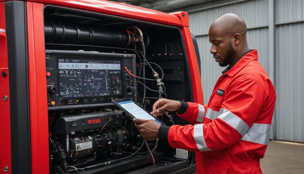 Field engineer looking at genset mains performance via tablet