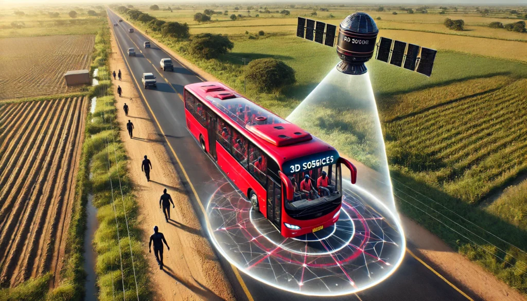 Passenger bus with GPS satellite hovering above.