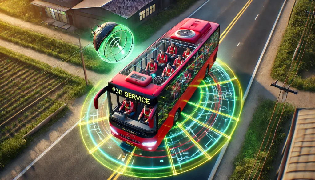 Red 3D bus with satellite however above - use of video and AI to monitor and warn drivers