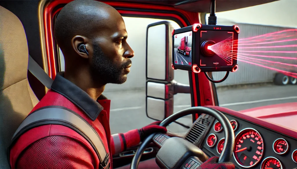 Forward and cabin cameras in truck cabin.