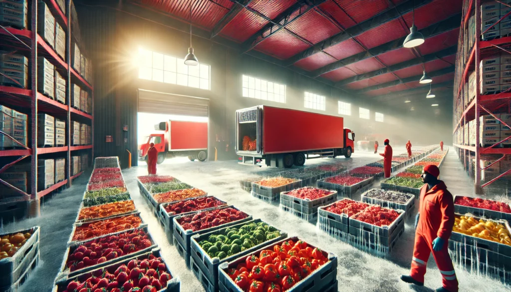 Refrigerated truck offloading fruits and vegetables.