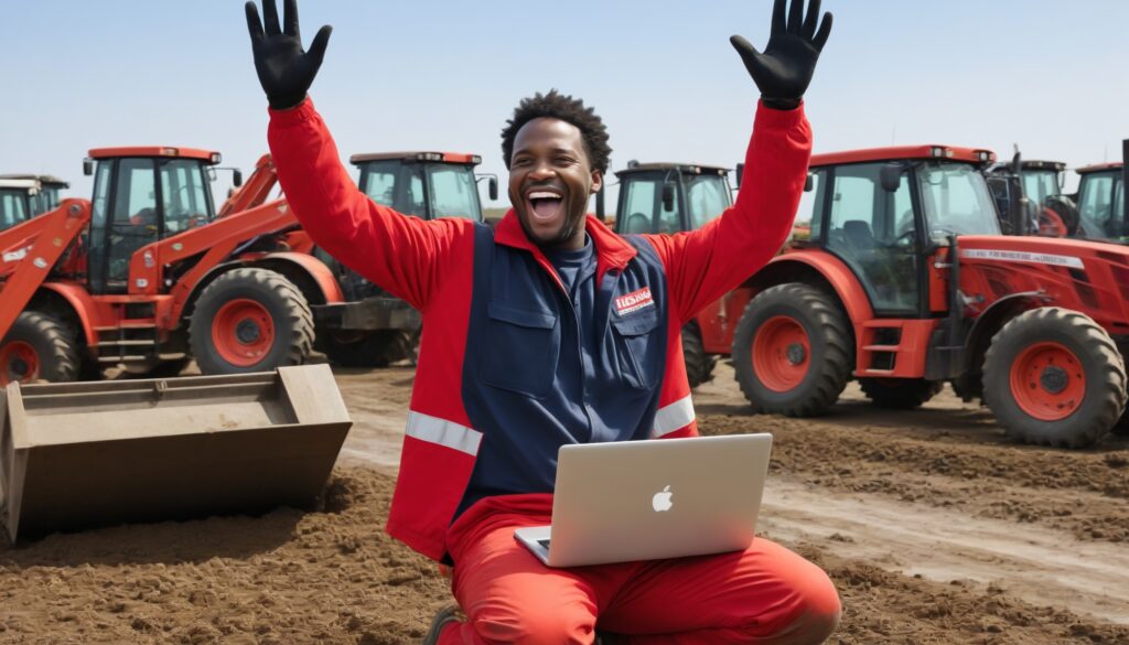 A man with a laptop in a construction yard.