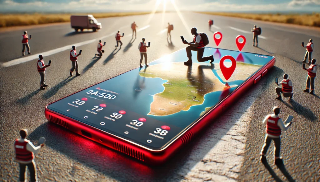 Man kneeling on smartphone screen - field staff surveillance