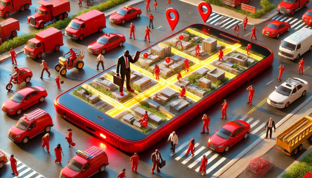 Man standing on smartphone screen - field staff surveillance